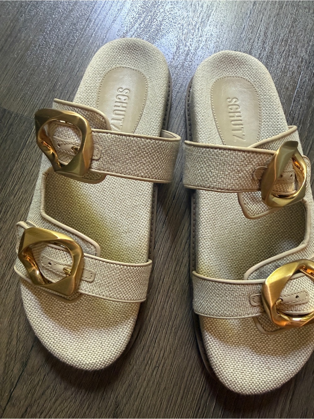 SCHUTZ Olga sporty linen beige Sandals with Gold Buckles size 9.5